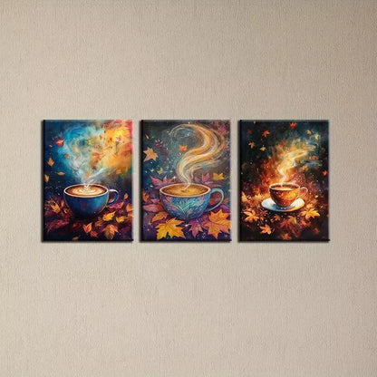 3pcs Peaceful Coffee with Dry Leaves Art Set Canvas Framed 50x70cm -  High Quality Print 100% Australian Made Wall Canvas Ready to Hang