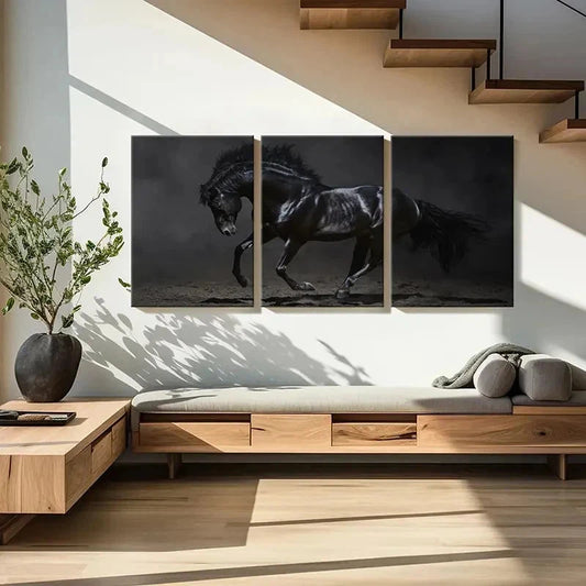 3pcs Black Horse Modern Decoration Wall Art Set Canvas Framed 40x60cm - High Quality Print 100% Australian Made Wall Canvas Ready to Hang