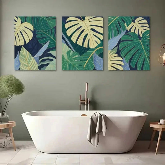 3pcs Botanical Green & Blue Leaf Patterns Metal Print Ready to Hang Art