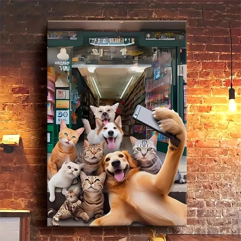 Playful Pets' Selfie at Storefront Metal Print Ready to Hang