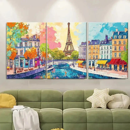 3pcs Vibrant Parisian Canal Travel Scene Metal Print Ready to Hang Art