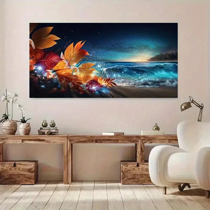 Sunset Beach and Leaves wall canvas office home room framed 120x60cm