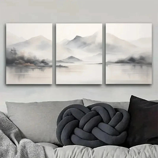 3pcs Tranquil Mountain Fog Watercolor Landscape Metal Print Ready to Hang Art