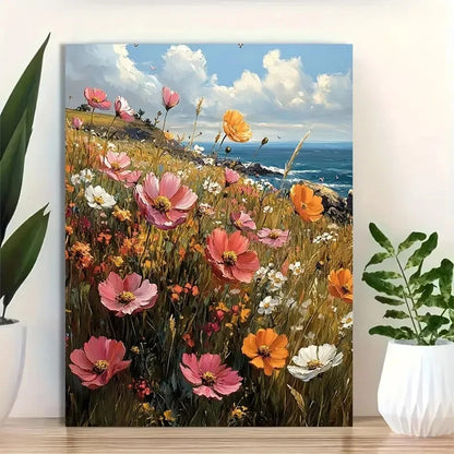 Beautiful Vintage Wildflowers By The Sea Painting 40x60cm Metal Print Ready to Hang