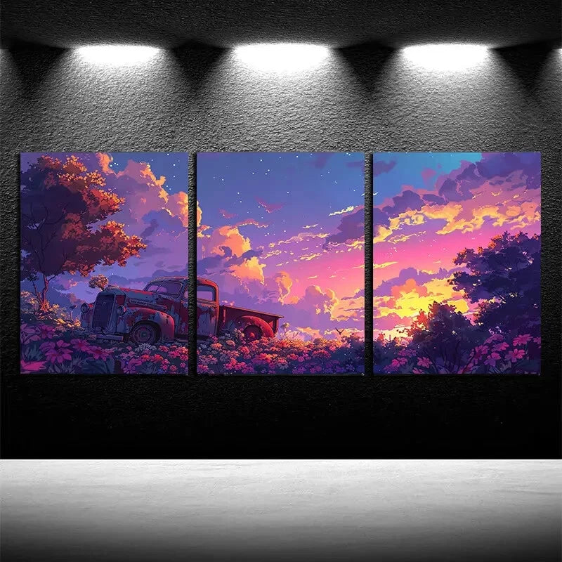 3pcs Vintage Truck & Floral Landscape Metal Print Ready to Hang Art
