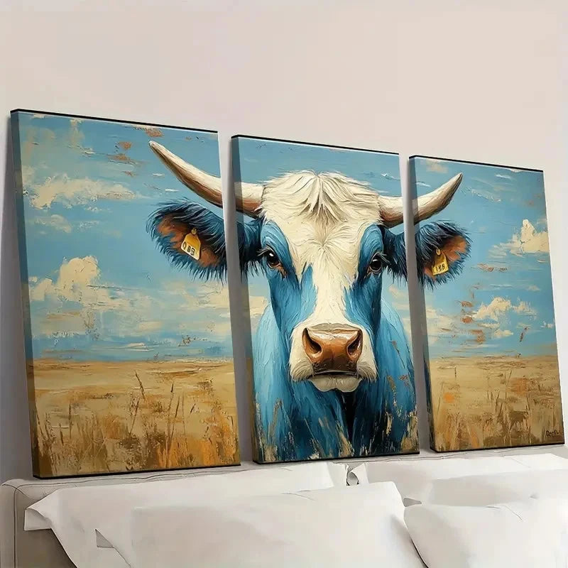 3pcs Blue & White Bull with Yellow Tags Wall Art Set Canvas Framed 60x90cm - High Quality Print 100% Australian Made Wall Canvas Ready to Hang