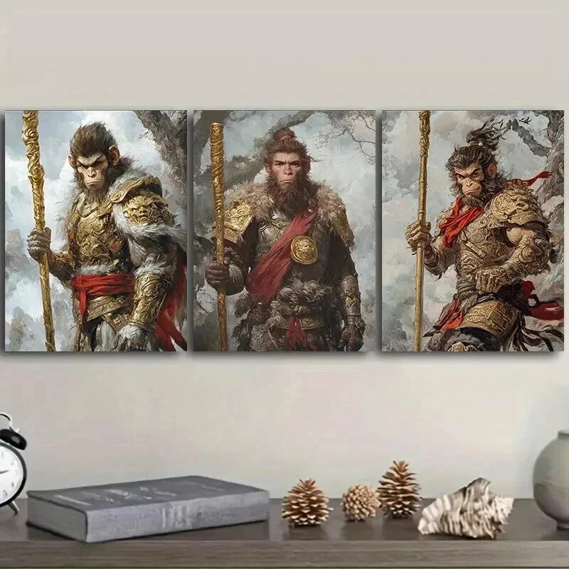 3pcs The Monkey King Mythology Theme Wall Art Set Canvas Framed 50x70cm - High Quality Print 100% Australian Made Wall Canvas Ready to Hang