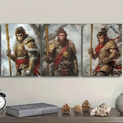 3pcs The Monkey King Mythology Theme Wall Art Set Canvas Framed 50x70cm - High Quality Print 100% Australian Made Wall Canvas Ready to Hang