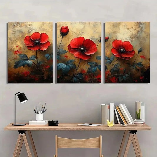 3pcs Rustic Red & Blue Wildflower Perfect Wall Art Set Canvas Framed 40x60cm - High Quality Print 100% Australian Made Wall Canvas Ready to Hang