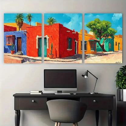 3pcs Vibrant Colorful Mexican House Cityscape Metal Print Ready to Hang Art