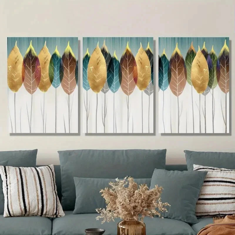 3pcs ,Fashion Aesthetic, Golden Leaf Design Metal Print Ready to Hang Art