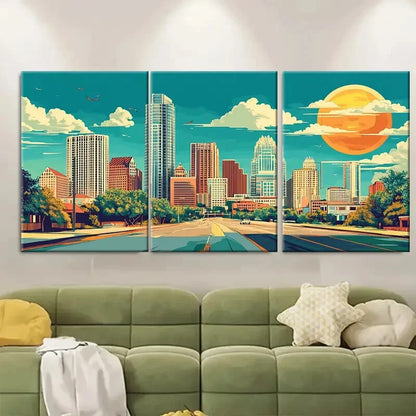 3pcs Vibrant Sunset & Skyline Design Texas Metal Print Ready to Hang Art