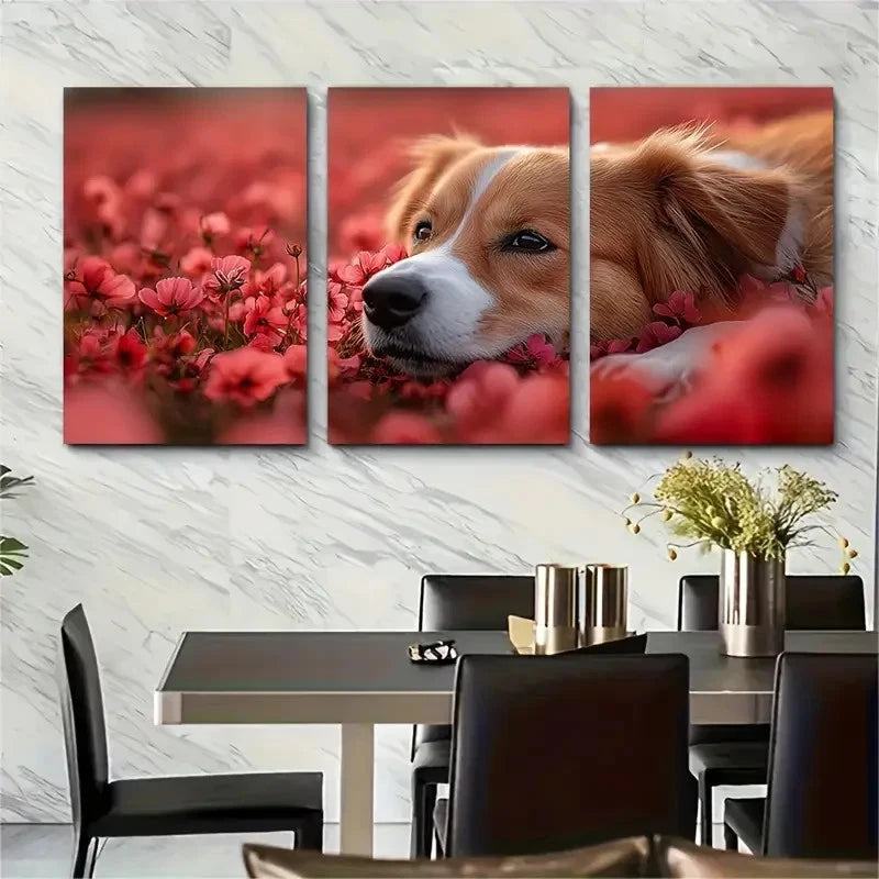 3pcs Australian Shepherd Paw in Red Flower Field Metal Print Ready to Hang Art