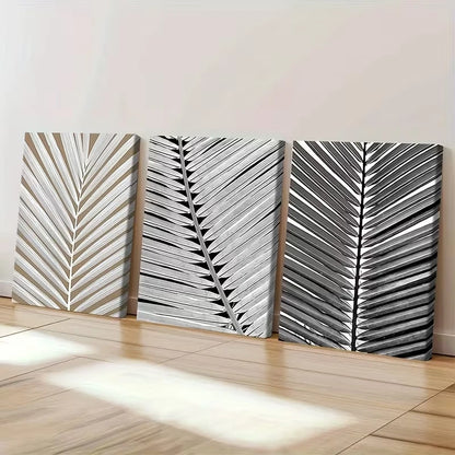 3pcs Black and White Tropical Palm Leaf Wall Art Set Canvas Framed 40x60cm - High Quality Print 100% Australian Made Wall Canvas Ready to Hang