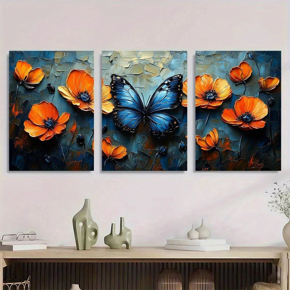 3pcs Van Gogh Inspired Butterflies & Poppies Metal Print Ready to Hang Art
