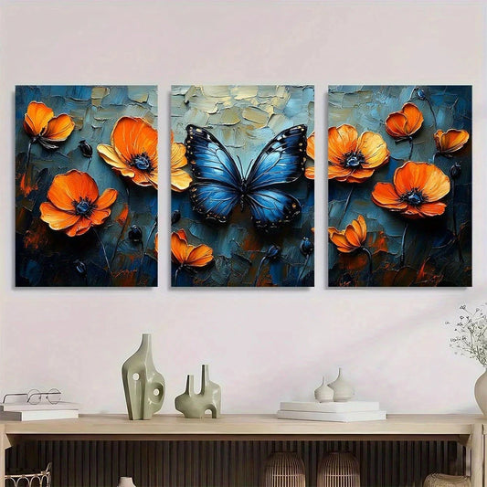 3pcs Van Gogh Inspired Butterflies & Poppies Metal Print Ready to Hang Art