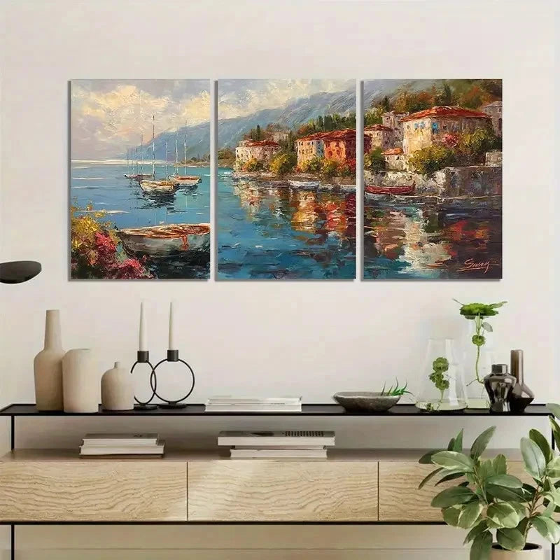 3pcs Coastal Town Scene with Boats Buildings Metal Print Ready to Hang Art