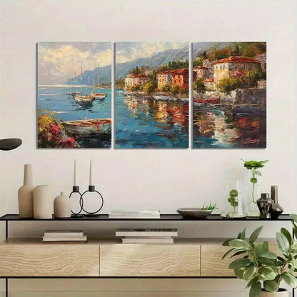3pcs Coastal Town Scene with Boats Buildings Metal Print Ready to Hang Art