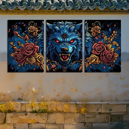 3pcs Wolf with Crown of Roses and Leaves Metal Print Ready to Hang Art