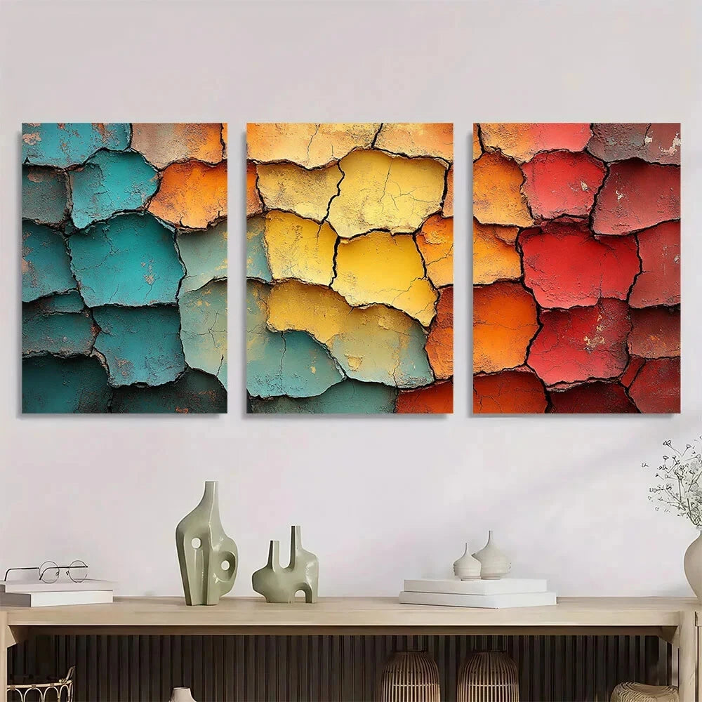 3pcs Abstract Cracked Vibrant Teal Yellow Red Metal Print Ready to Hang Art