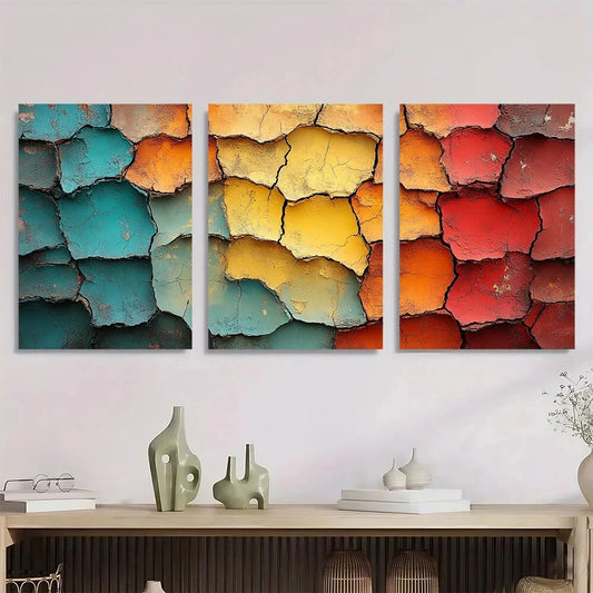 3pcs Abstract Cracked Vibrant Teal Yellow Red Metal Print Ready to Hang Art