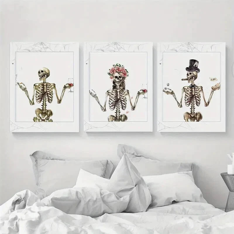 3pcs Spooky Season Halloween Skeleton Watercolor Metal Print Ready to Hang Art
