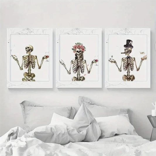 3pcs Spooky Season Halloween Skeleton Watercolor Metal Print Ready to Hang Art
