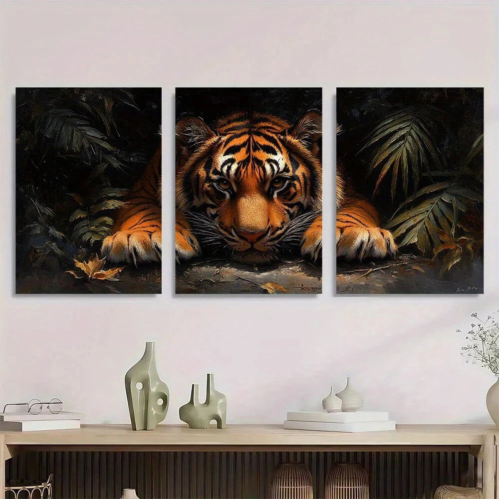 3pcs Realistic Jungle Orange & Black Striped Tiger Metal Print Ready to Hang Art