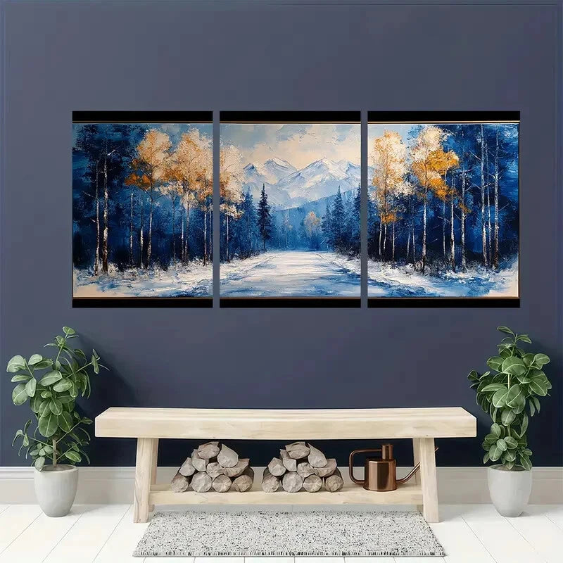3pcs Handmade Painting Forest Snow Scene Metal Print Ready to Hang Art