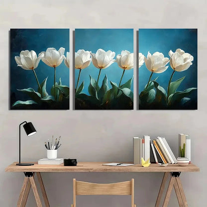 3pcs White Tulips with Dark Blue Background Metal Print Ready to Hang Art