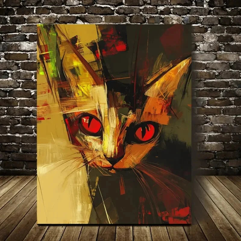 Modern Abstract Red Eyed Cat Painting 40x60cm Metal Print Ready to Hang