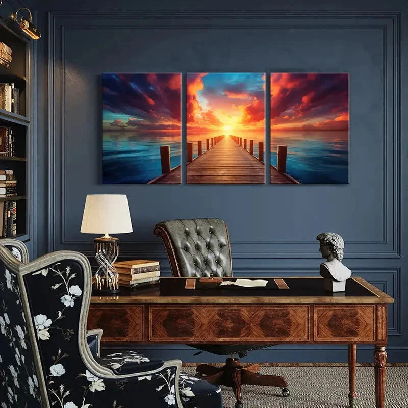 3pcs Sunset Wooden Pier Ocean View Dramatic Metal Print Ready to Hang Art