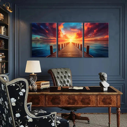 3pcs Sunset Wooden Pier Ocean View Dramatic Metal Print Ready to Hang Art