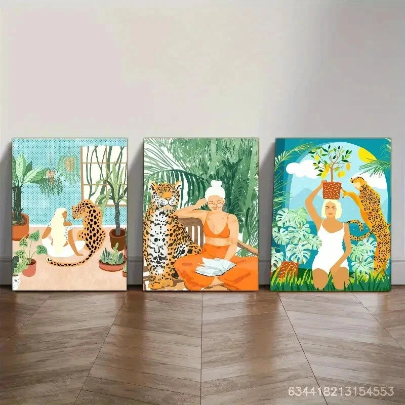 3pcs Abstract Cheetah and Tropical Plant Designs Metal Print Ready to Hang Art