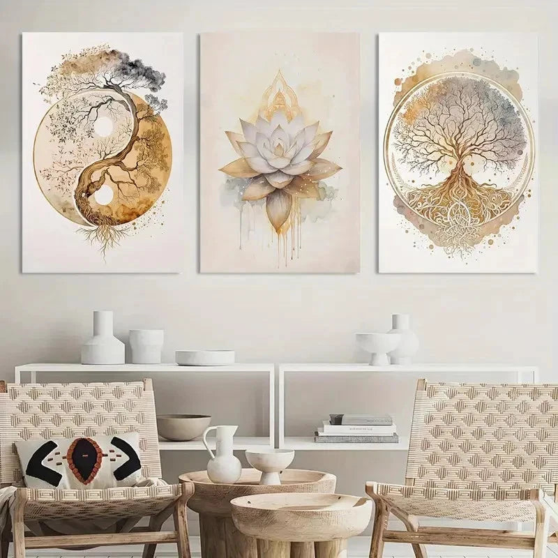 3pcs Painting Tree of Life Lotus Zen Metal Print Ready to Hang Art