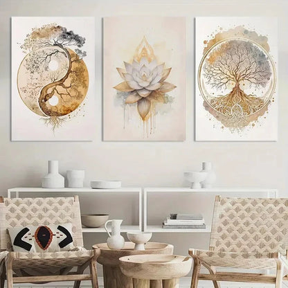 3pcs Painting Tree of Life Lotus Zen Metal Print Ready to Hang Art