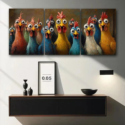 3pcs Style Chickens Blue Yellow Red Metal Print Ready to Hang Art