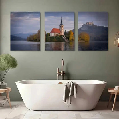 3pcs Lake Church Mountain Autumn Trees Metal Print Ready to Hang Art