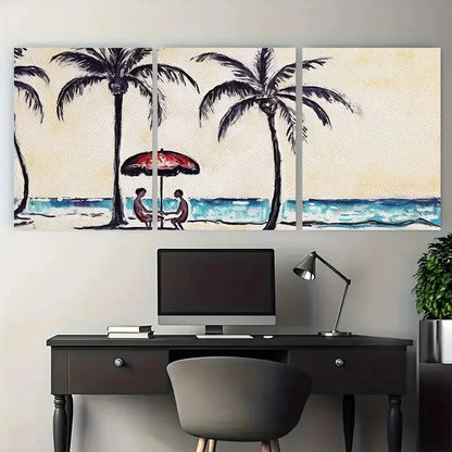 3pcs Minimalist Couple In Beach Palm Trees Scene Metal Print Ready to Hang Art
