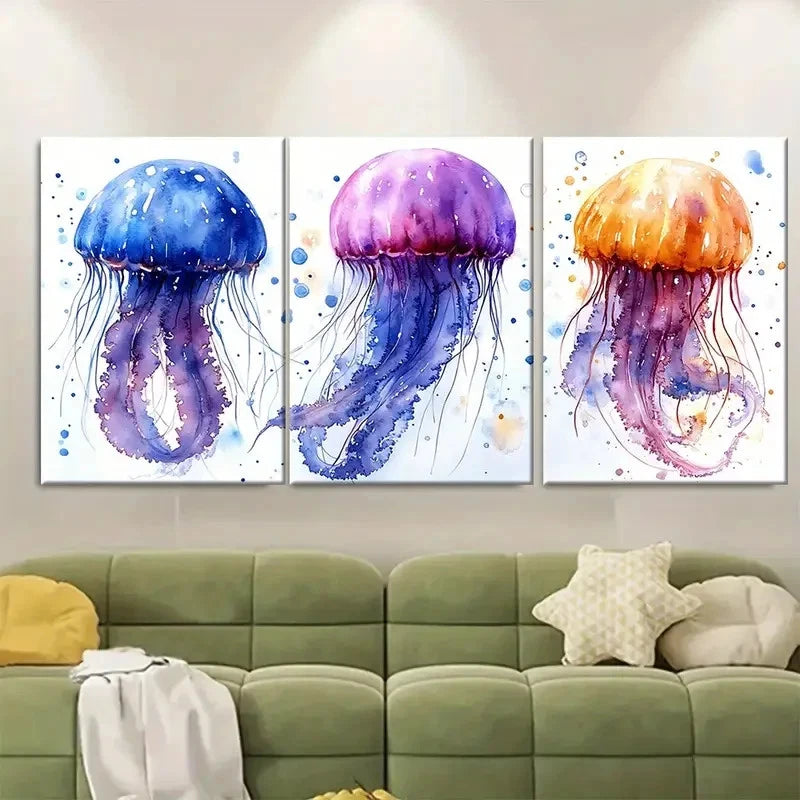 3pcs Jellyfish Gracefully Swimming EI Wall Art Set Canvas Framed 40x60cm - High Quality Print 100% Australian Made Wall Canvas Ready to Hang