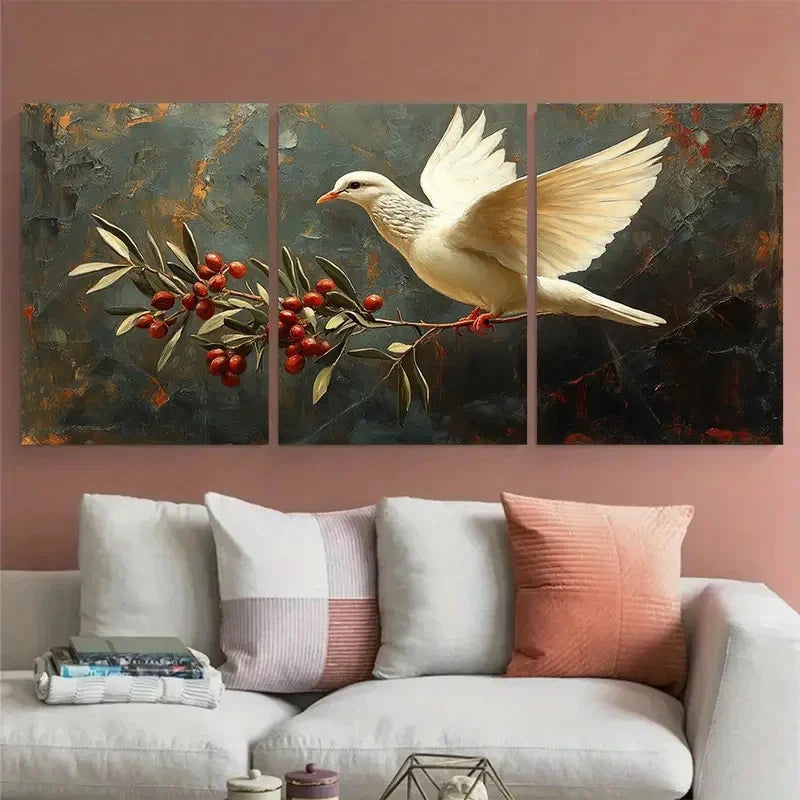 3pcs White Dove Peace Bird with Olive Branch Metal Print Ready to Hang Art
