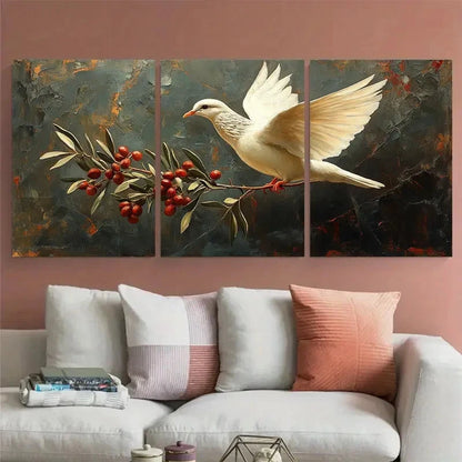 3pcs White Dove Peace Bird with Olive Branch Metal Print Ready to Hang Art