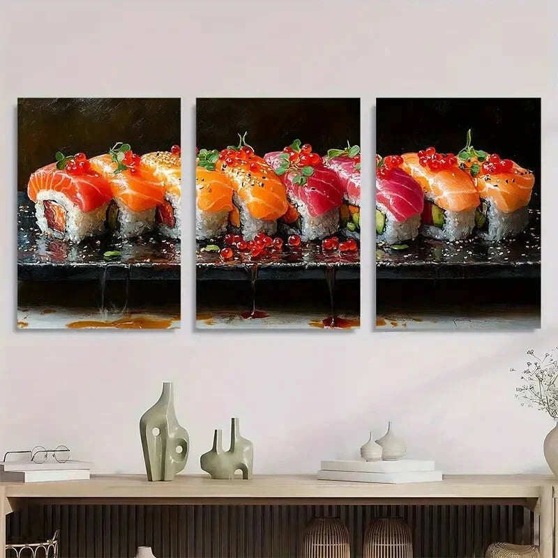 3pcs Abstract Sushi Oil Painting Metal Print Ready to Hang Art