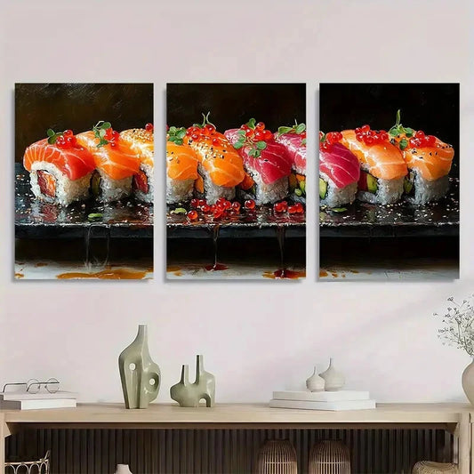 3pcs Abstract Sushi Oil Painting Metal Print Ready to Hang Art