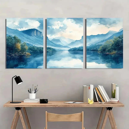 3pcs Watercolor Mountain River Serene Landscape Metal Print Ready to Hang Art