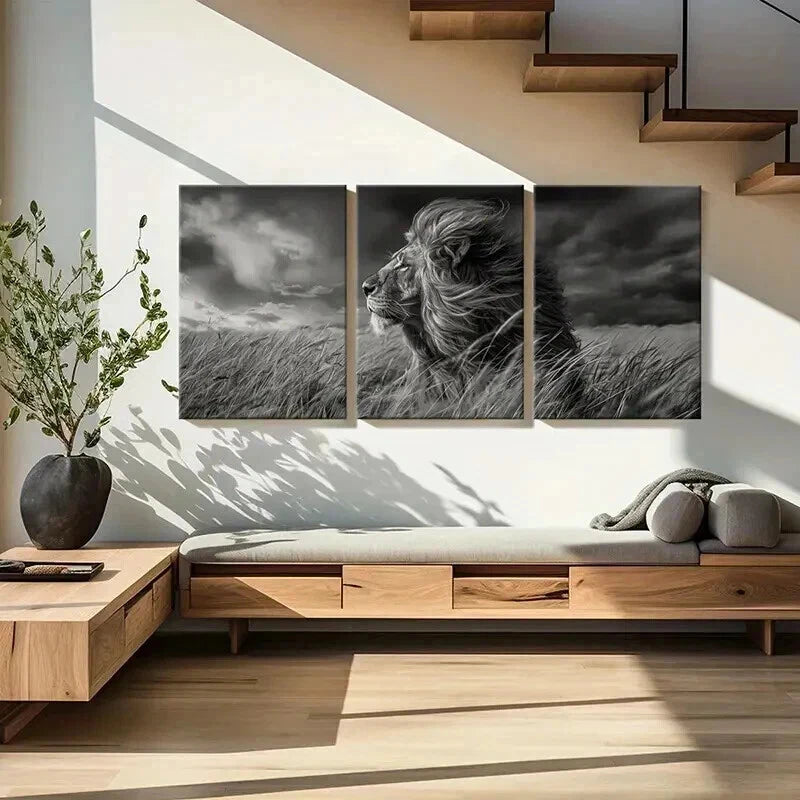 3pcs Lion in Grassland Stormy Sky Modern Wall Art Set Canvas Framed 40x60cm - High Quality Print 100% Australian Made Wall Canvas Ready to Hang