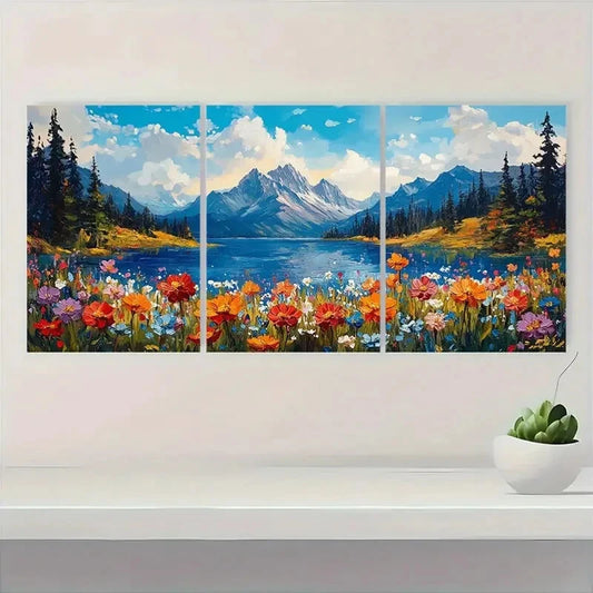 3pcs Vibrant Spring Mountain Art Painting Metal Print Ready to Hang Art