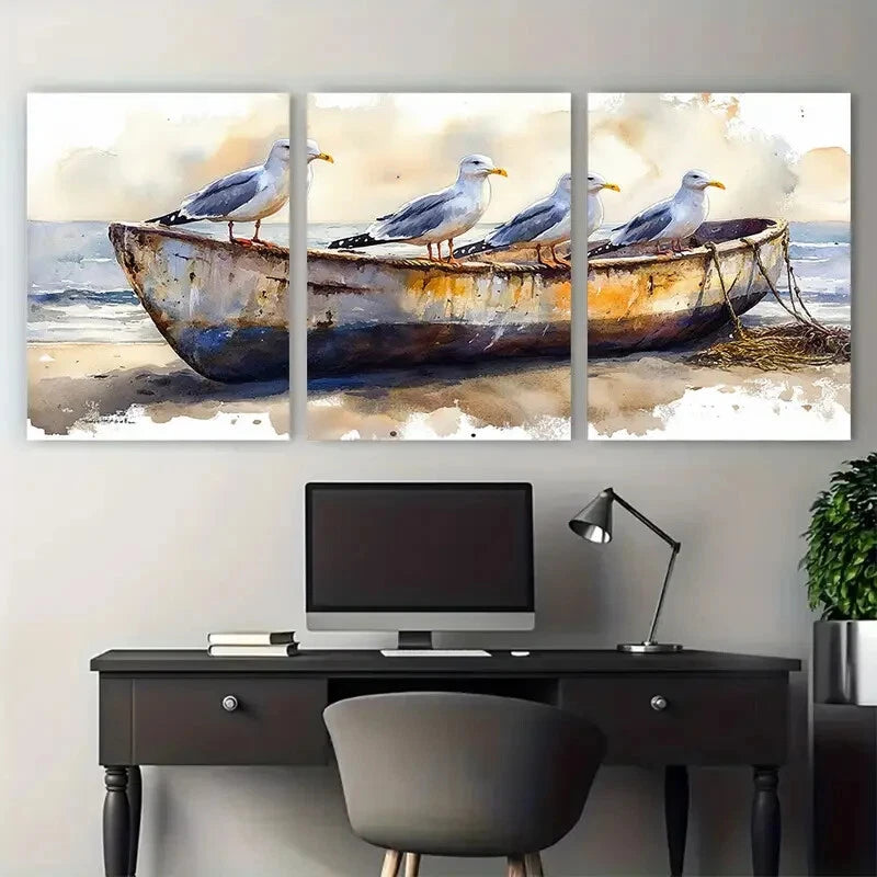3pcs Seagulls on Old Fishing Boat Metal Print Ready to Hang Art