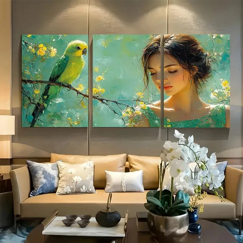 3pcs Young Woman in Green Chic Dress with Parrot Metal Print Ready to Hang Art