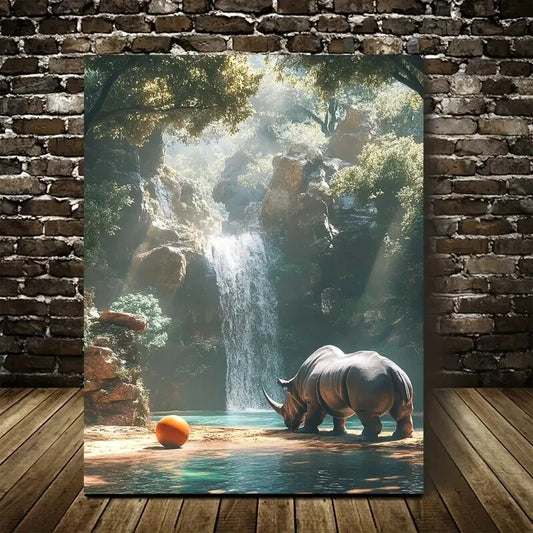 Beautiful Cyberpunk Rhino Playing with Ball Painting 40x60cm Metal Print Ready to Hang
